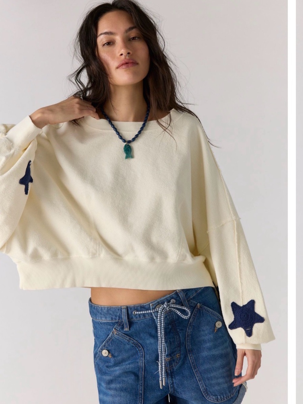 Free People Tricia Fix Crochet Star Sweatshirt. NWT. Ivory